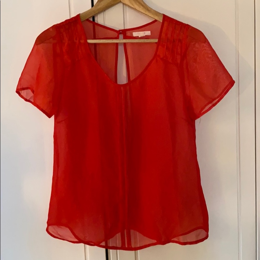 🍒TULLE sheer red/orange flowy top keyhole back🍒